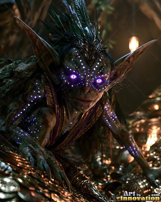 A goblin crawls forward over gold coins, bright purple dots shining on dark skin