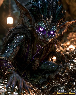 Crouching low in a dark treasure vault, a goblin crawls over shining gold coins