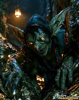A green goblin in a dark hood crawls through a pile of gold by lantern light