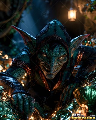 In a dark cave by a lantern, a green hooded goblin creeps over shiny gold treasures