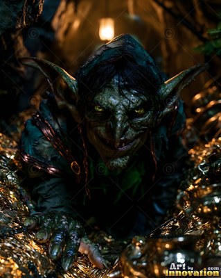Crawling through piles of bright gold coins, a green goblin sneers in a dark cave