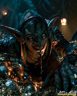 A pale green goblin crawls over a pile of gold cups under lanterns