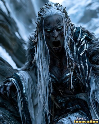 Swirled black tattoos mark a snarling orc in ragged fur coats on a snowy mountain ledge