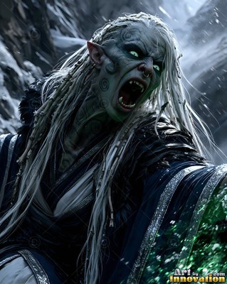 An orc warrior shouts in a snowy canyon with bright green eyes under white hair
