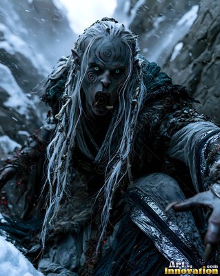 Crouching low in a snowy ravine, a pale orc snarls and reaches forward