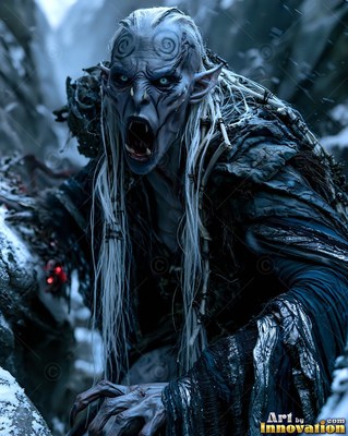 A pale goblin with pointed ears snarls from a snowy rock crevice
