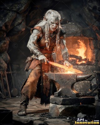 In a stone forge, an orc smith shapes a hot orange blade over a dark anvil