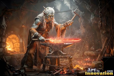 Forging a red-hot sword on an anvil, an orc smith raises a hammer in a stone workshop