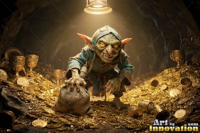 A green goblin squats low with a sack over piles of gold coins