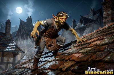 Goggles rest on the brow of a goblin creeping across a wet roof under a full moon