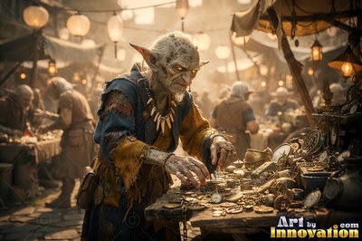 An elderly goblin examines trinkets at a market stall under warm lantern light