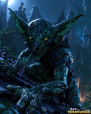 Crouching on a dark rooftop at night, a goblin reaches forward with clawed hands
