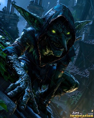 A hooded dark green goblin huddles low on a dark rooftop with bright yellow eyes