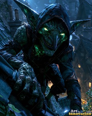 On a dim rooftop at night, a hooded pale green goblin crawls toward the viewer
