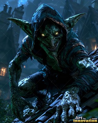 Perched on a dark rooftop at night, a green hooded goblin grins with bright yellow eyes