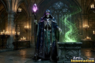 In a stone crypt, a robed skeleton mage casts green smoke by a crystal staff