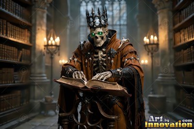Reading an open book on a stand, a crowned skeleton in brown robes stands in a library