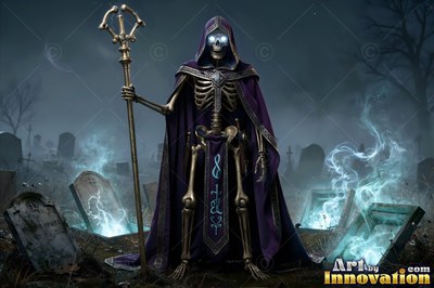 Skeleton mage in purple robes with staff in a graveyard