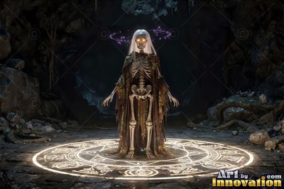 Long white hair falls over a skeleton in ragged robes inside a stone circle in a cave