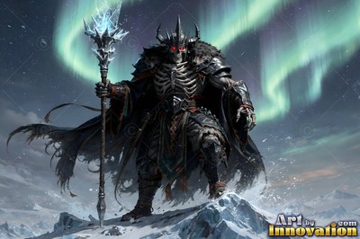 An undead warrior holds an icy staff on a snowy peak under green aurora lights