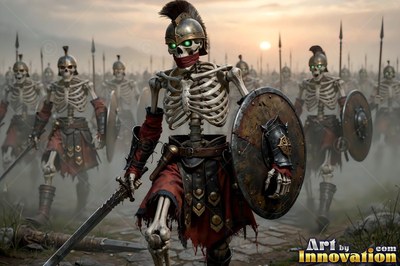 Striding forward on a field, a skeleton in armor soldier carries a sword and shield