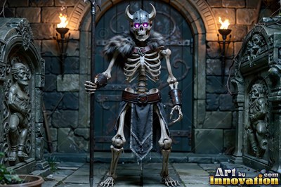 A horned skeleton warrior with purple eyes holds a spear in a dim stone crypt
