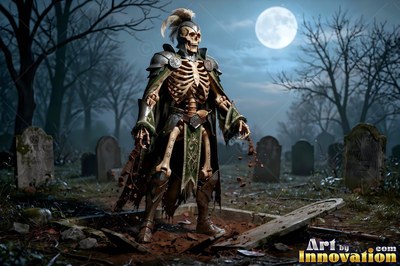 In a foggy graveyard under a full moon, a skeletal warrior stands over an open grave