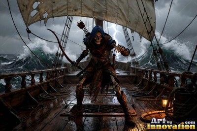 Standing on a storm-tossed deck, a hooded skeleton archer holds a red bow under lightning