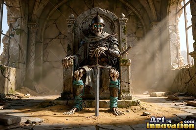 Skeleton wearing armor on a stone throne holding a sword in sunlight rays