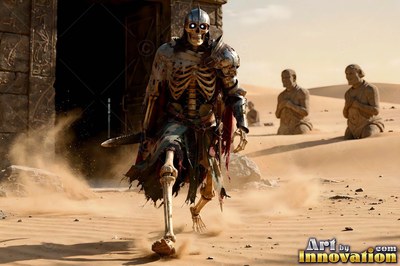 Wearing a rusted helmet, an armored skeleton runs through the desert sand near stone ruins