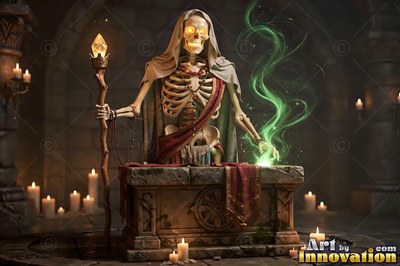 A hooded skeleton casts green smoke over a stone altar lit by warm candlelight