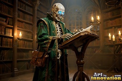 Leaning over a book stand in a dark library, a skeleton in a green robe reads