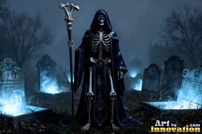 A hooded skeleton mage stands with a bone staff in a dark graveyard at night