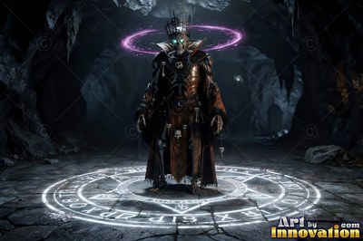 In a dark cave, a crowned skeleton in a brown robe stands in a bright rune circle