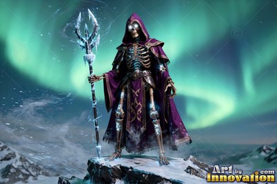 Holding an icy staff, a skeleton mage in a purple robe stands under green northern lights