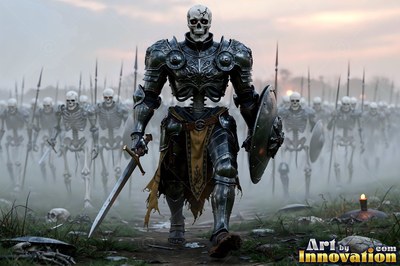 Plate-wearing skeleton with a sword leading an army through fog