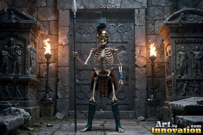 A crested bronze helmet sits on a skeleton holding a spear between two lit torches inside a stone tomb
