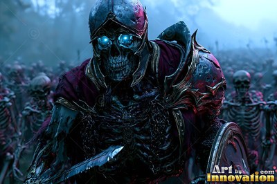 Facing forward on a misty field, a skeleton in armor fighter leads an undead army