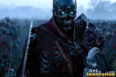 A skeleton warrior in dark metal armor with bright blue eyes leads an army in the fog