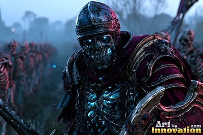 In a blue misty field, a skeleton wearing armor warrior leads an undead army
