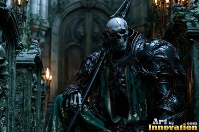 Resting on a dark throne, a skeleton fighter holds a spear in a stone hall