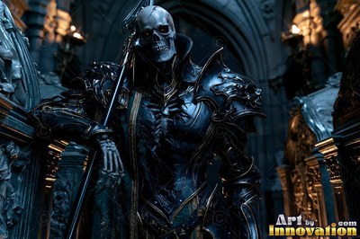 A skeleton in black armor leans on a pole inside a stone crypt