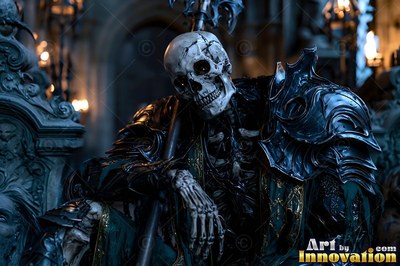Dark steel armor covers a skeleton fighter resting on a stone throne in a dim crypt