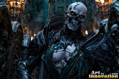 A skeleton fighter stands in black armor holding a spear under warm candlelight
