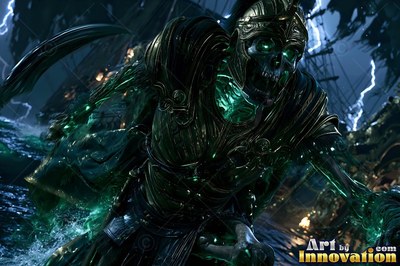 Leaning forward on a dark stormy sea, a skeletal warrior in green bronze armor swings a blade