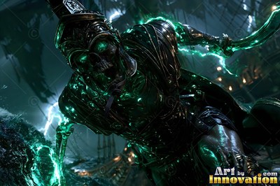 A skeleton soldier in dark armor charges forward with green light in its skull