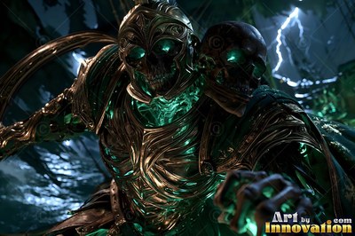 In a stormy night, a skeleton warrior wears bronze armor with green light in its skull