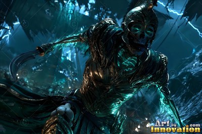 Lunging with a curved blade, a skeletal warrior in dark armor shines with green light