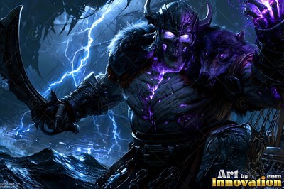 A horned skeletal warrior wields a curved blade in lightning