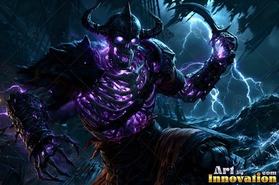 Horns curve from the helmet of a skeleton warrior lit by purple light under stormy skies